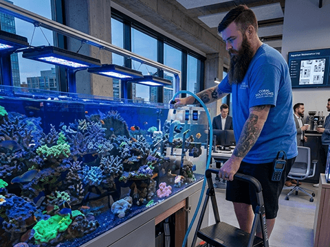 Professional aquarium technician installing and maintaining a large commercial reef tank