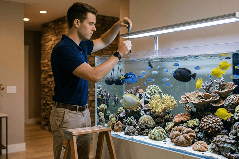 Aquarium maintenance business technician servicing a planted aquarium