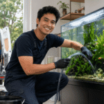 How to start an aquarium maintenance business — professional service technician performing a water change on a home aquarium