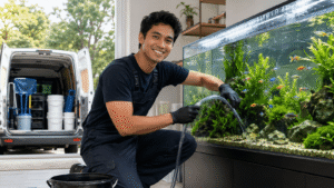 How to start an aquarium maintenance business — professional service technician performing a water change on a home aquarium